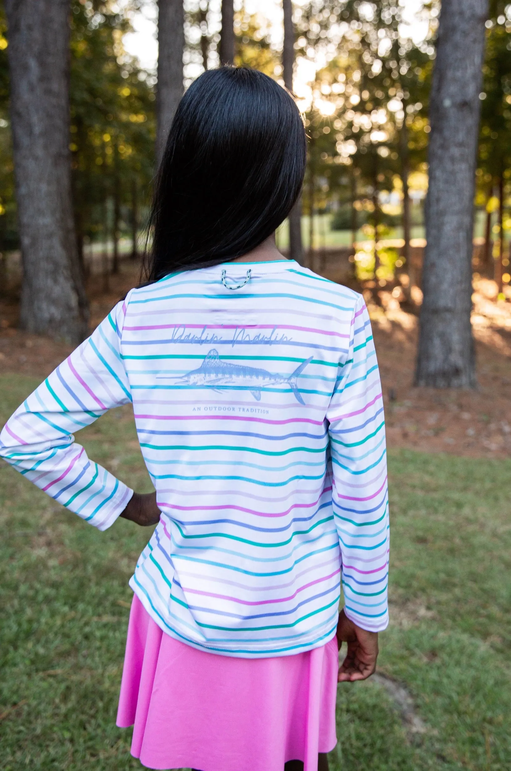 Girls Pro Performance Long Sleeve Fishing T-shirt Fuchsia Pink Multi Color Stripe Darlin Marlin