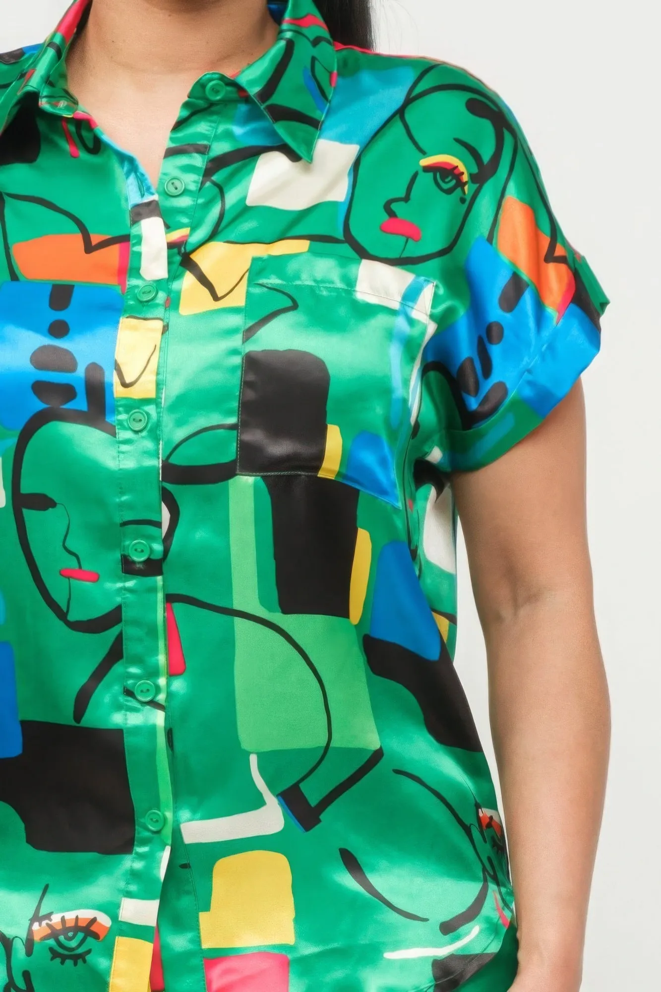 Green Satin Dolman Print Button Down Top And Shorts Set