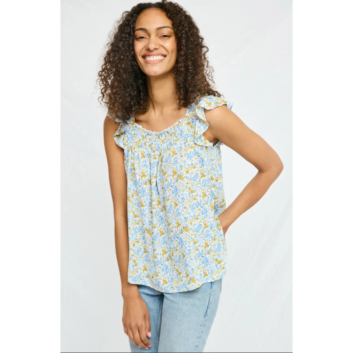 Hayden Girls Flutter Sleeve Smocked Bodice Printed Top- Blue