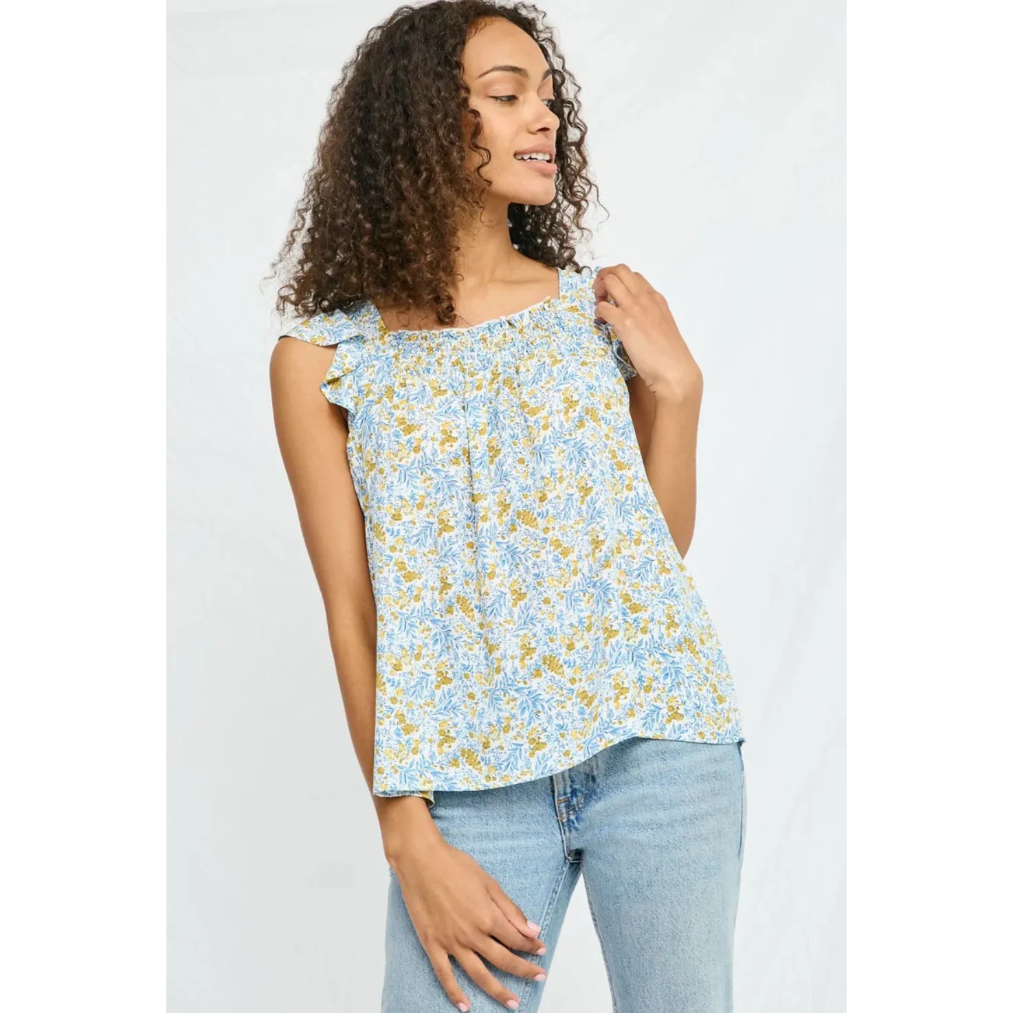Hayden Girls Flutter Sleeve Smocked Bodice Printed Top- Blue