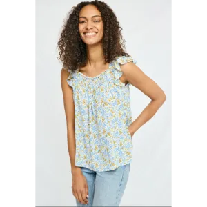 Hayden Girls Flutter Sleeve Smocked Bodice Printed Top- Blue