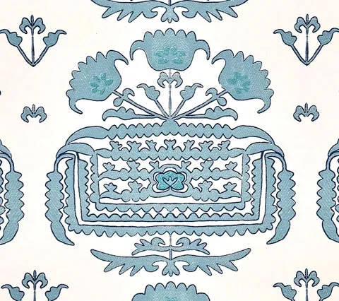 Home Couture Fabric: Clementine Embroidery - Custom Turquoise / Teal / New Navy on White Suncloth