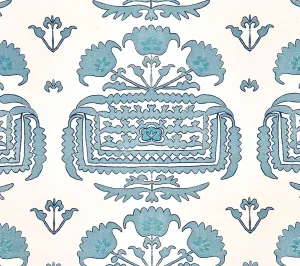 Home Couture Fabric: Clementine Embroidery - Custom Turquoise / Teal / New Navy on White Suncloth