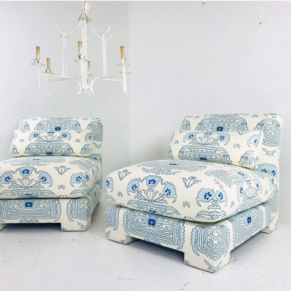 Home Couture Fabric: Clementine Embroidery - Custom Turquoise / Teal / New Navy on White Suncloth