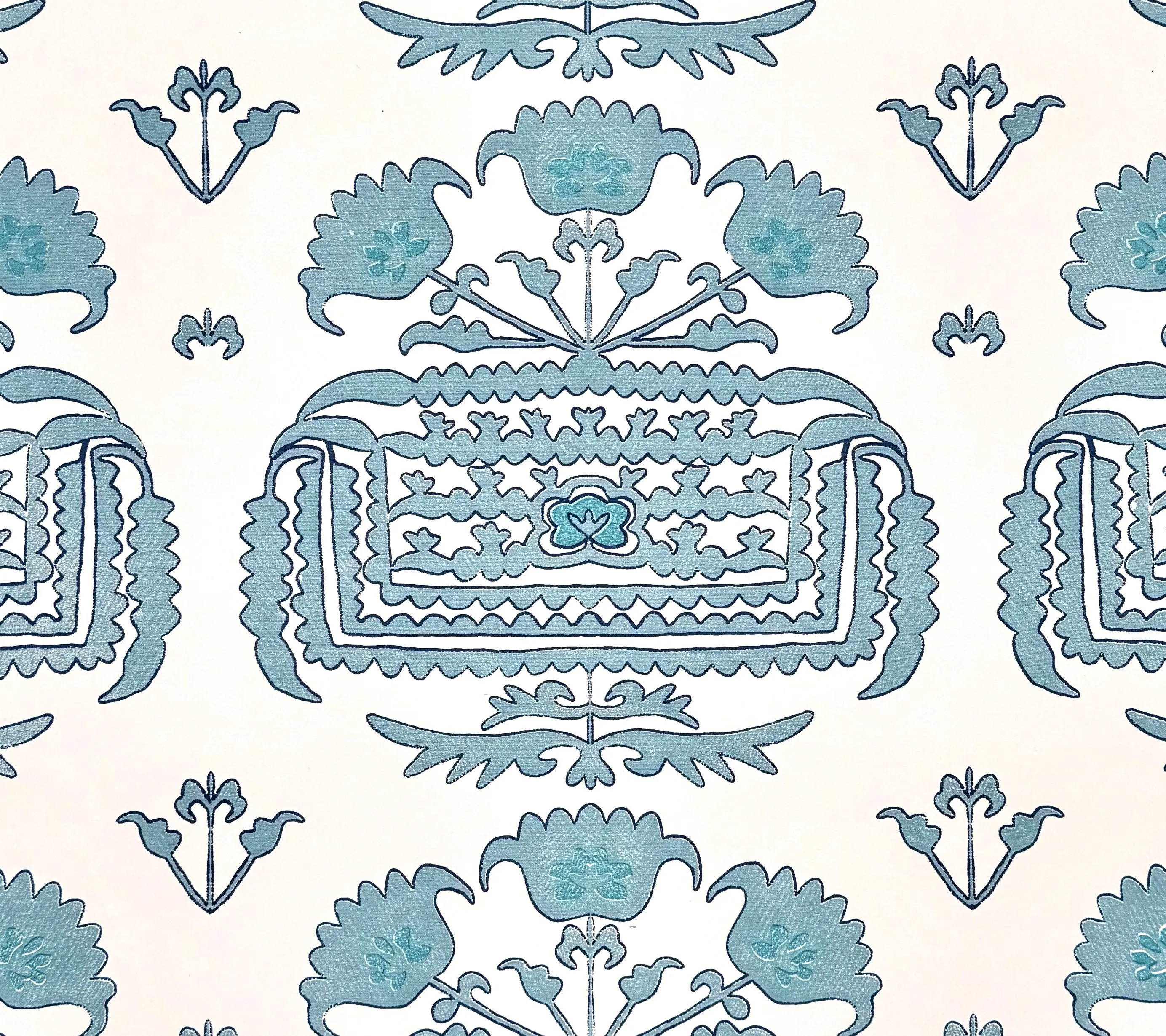 Home Couture Fabric: Clementine Embroidery - Custom Turquoise / Teal / New Navy on White Suncloth