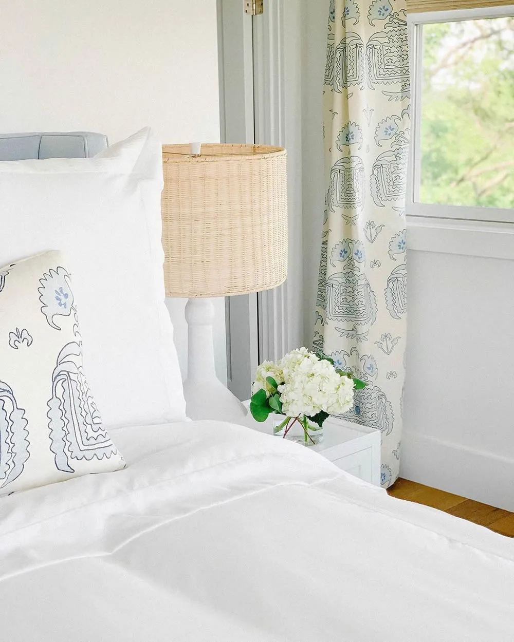 Home Couture Fabric: Clementine Embroidery - Custom Turquoise / Teal / New Navy on White Suncloth