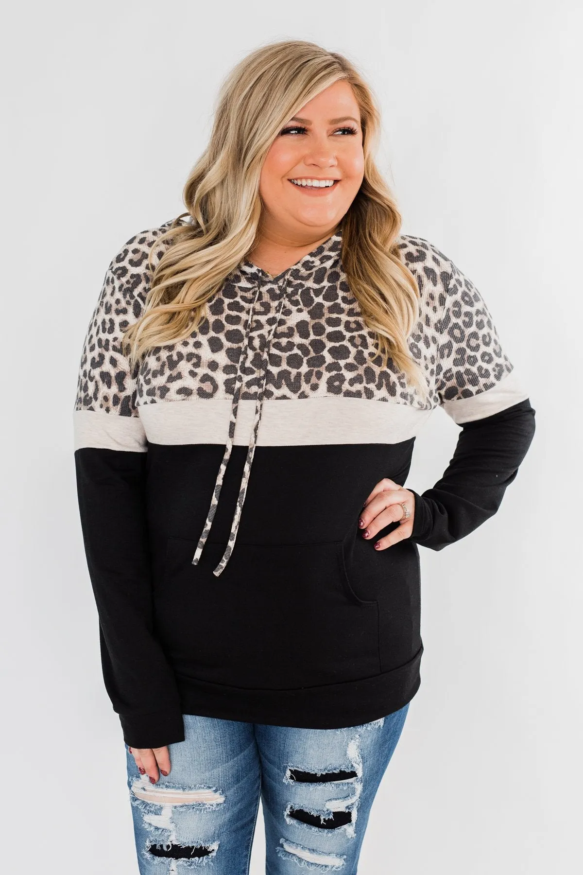 Into the Jungle Color Block Hoodie- Oatmeal & Black