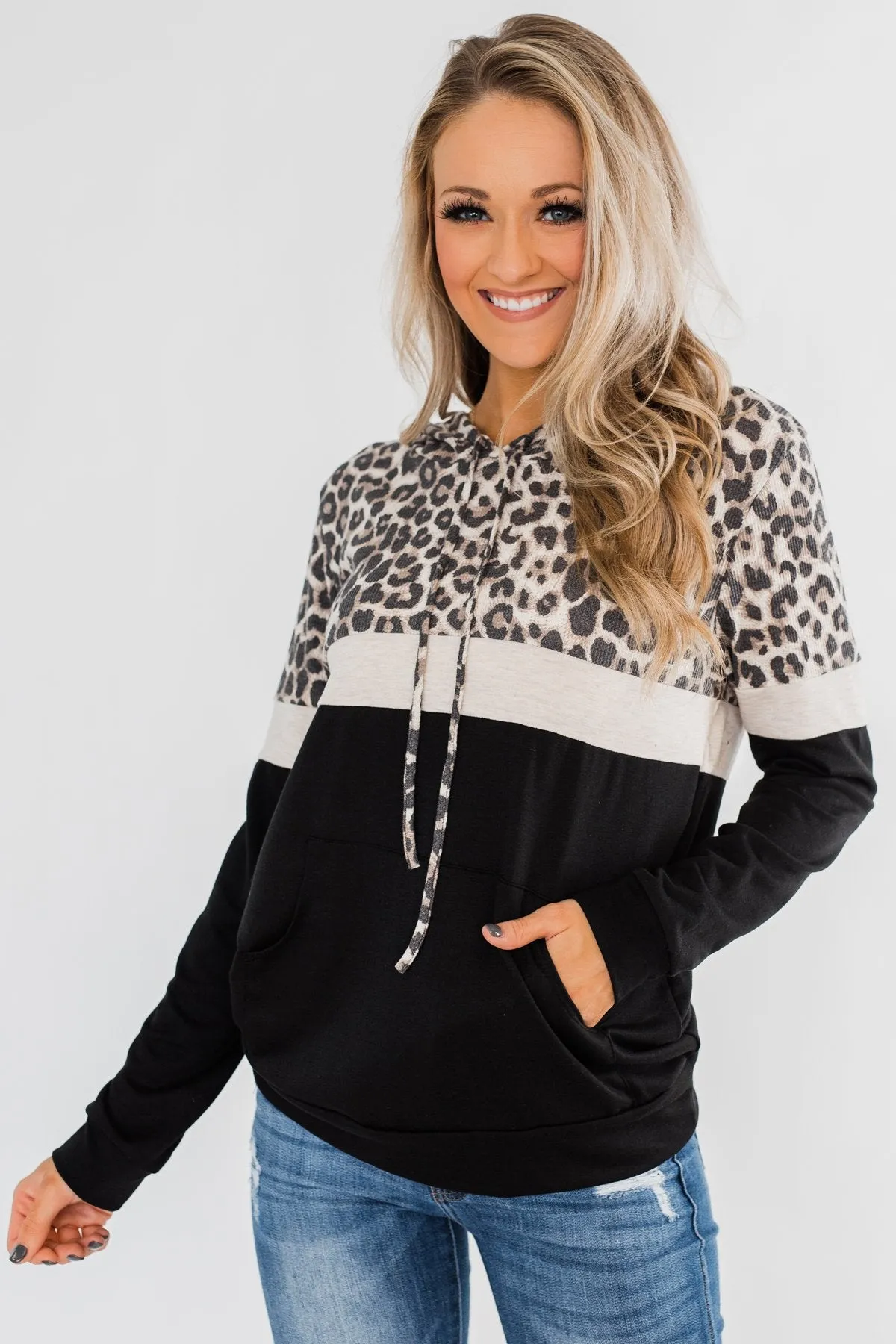 Into the Jungle Color Block Hoodie- Oatmeal & Black