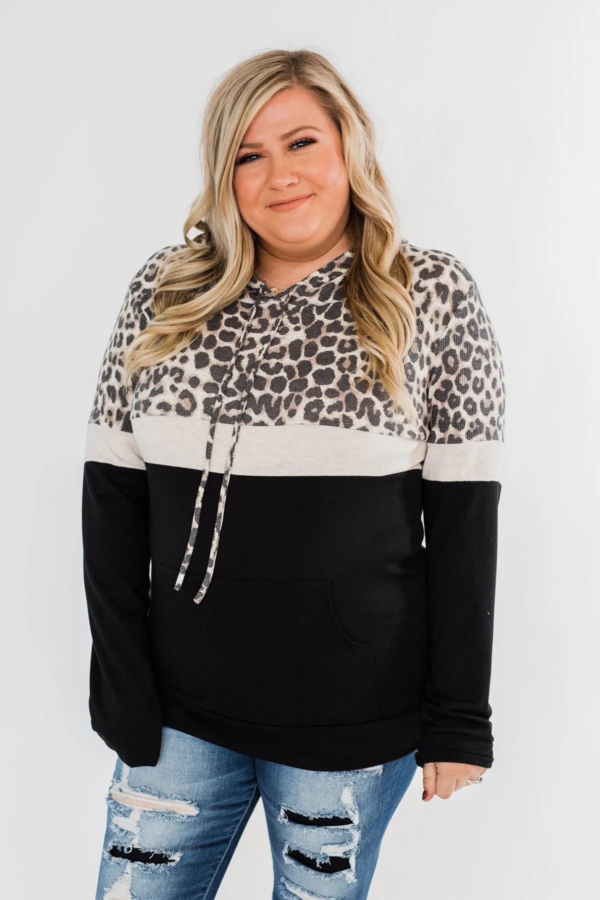 Into the Jungle Color Block Hoodie- Oatmeal & Black