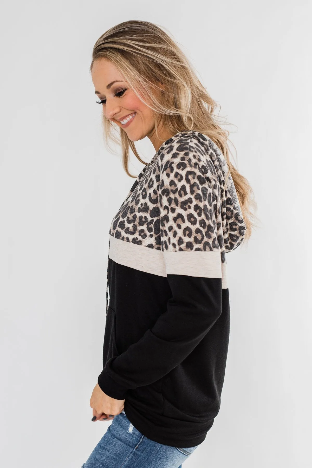 Into the Jungle Color Block Hoodie- Oatmeal & Black