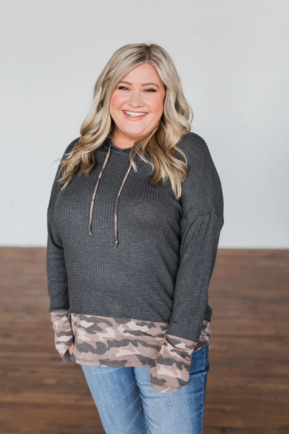 Keep It Real Lightweight Knit Hoodie- Charcoal & Camo