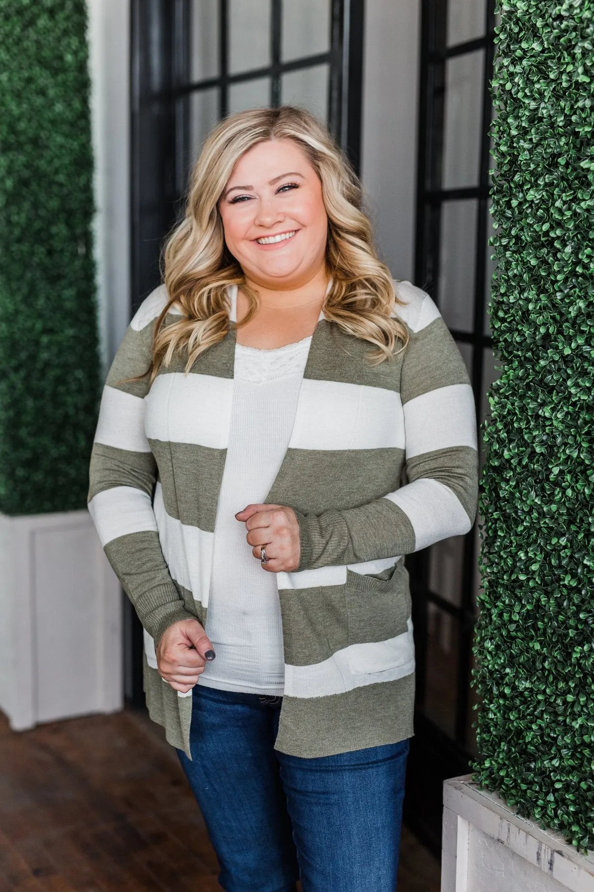Lightweight Striped Cardigan- Olive & Ivory