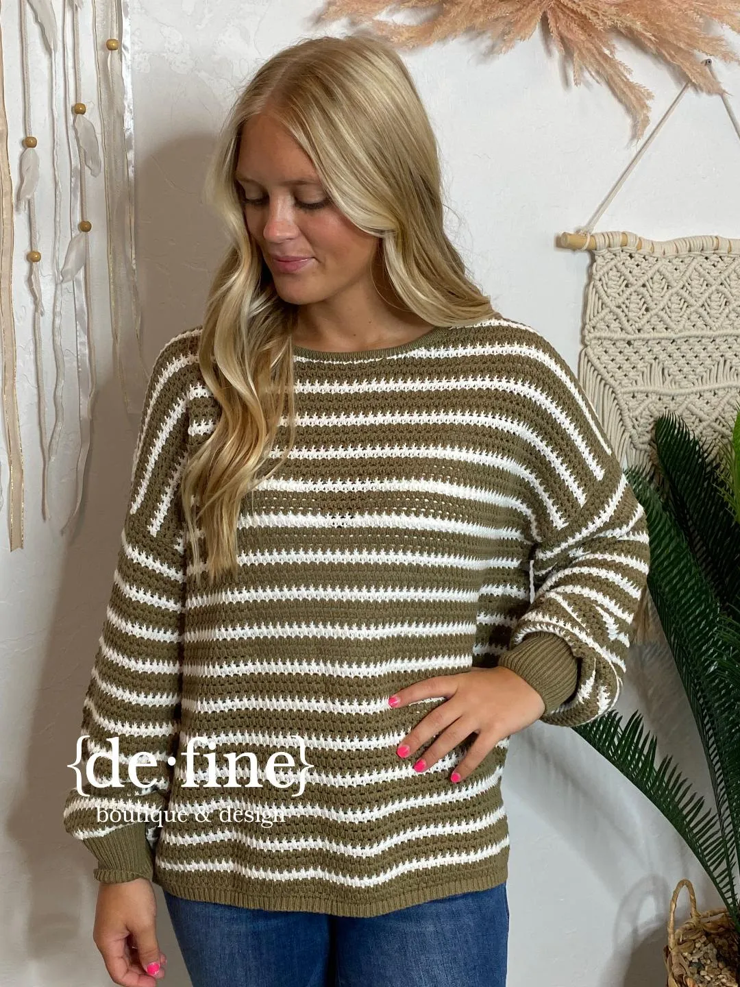 Lightweight Striped Sweater in Olive or Taupe