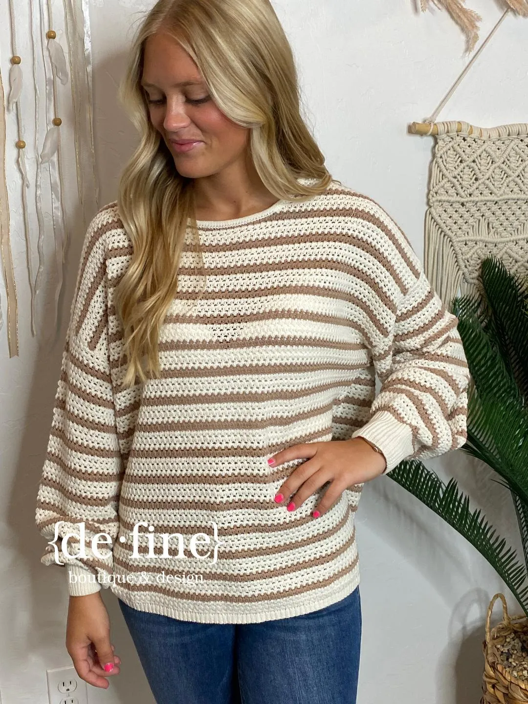 Lightweight Striped Sweater in Olive or Taupe