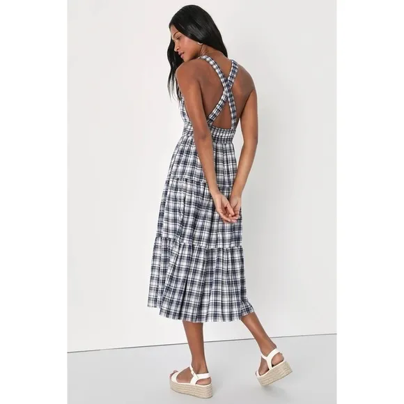 Lulu's Surely Charmed Navy Blue Plaid Tiered Backless Midi Dress Size M