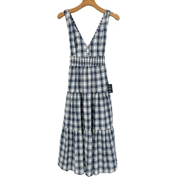 Lulu's Surely Charmed Navy Blue Plaid Tiered Backless Midi Dress Size M