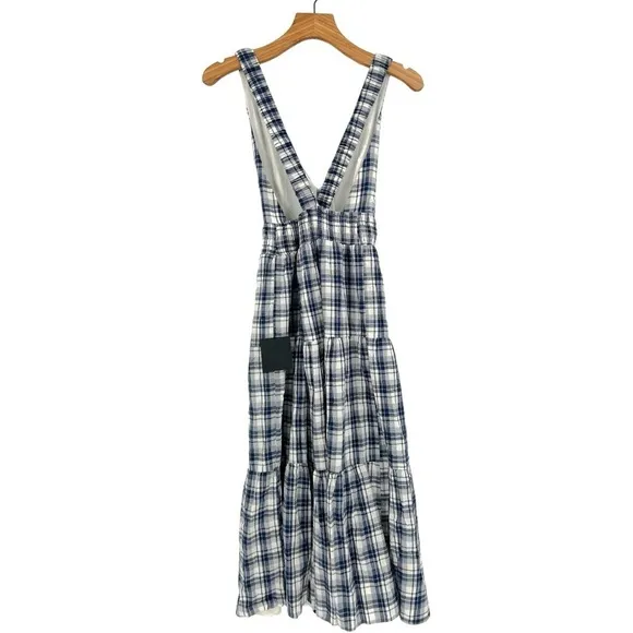 Lulu's Surely Charmed Navy Blue Plaid Tiered Backless Midi Dress Size M
