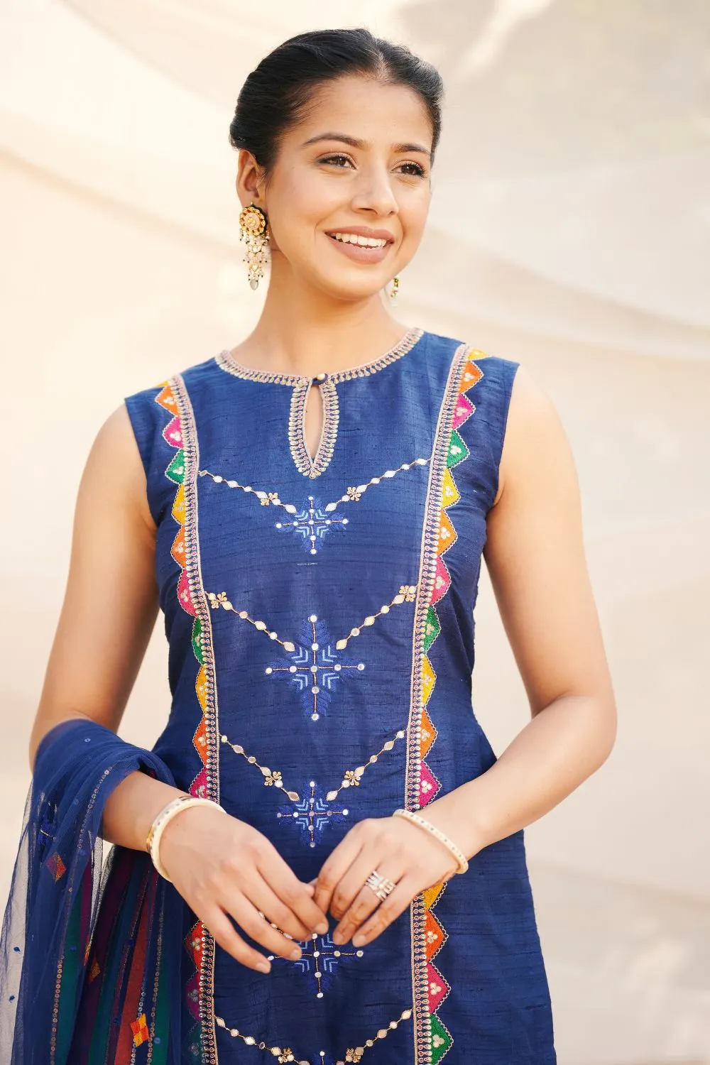 Navy Blue Suit with Phulkari color tones