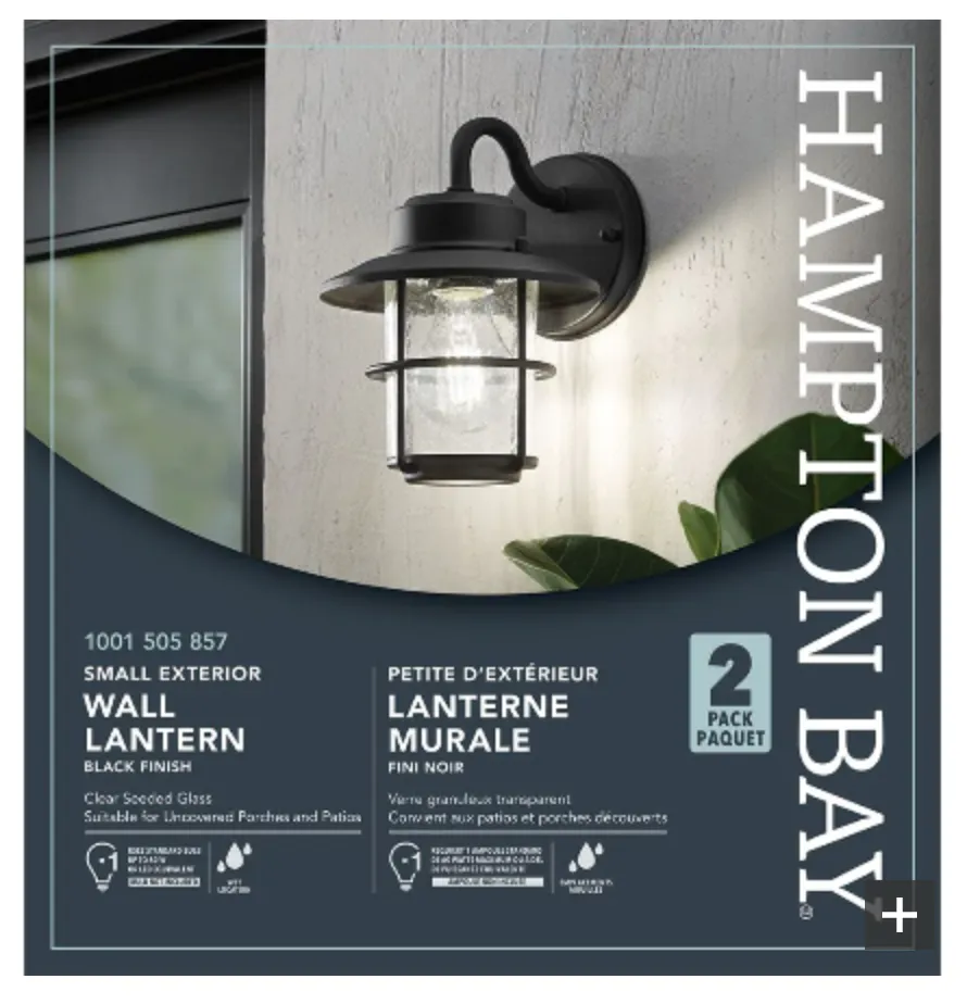 New in box! Hampton Bay Small Exterior Wall Lantern in Black Finish (2-Pack)