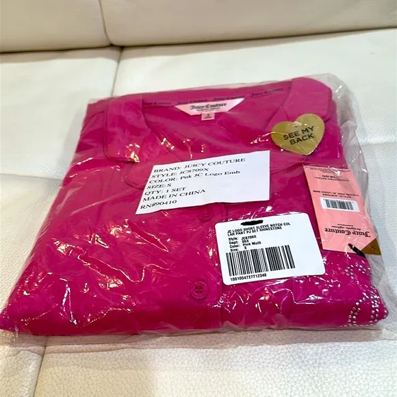 NWT JUICY COUTURE Ribbed Short Sleeve Notch Collar Rhinestone Pj Set in Pink