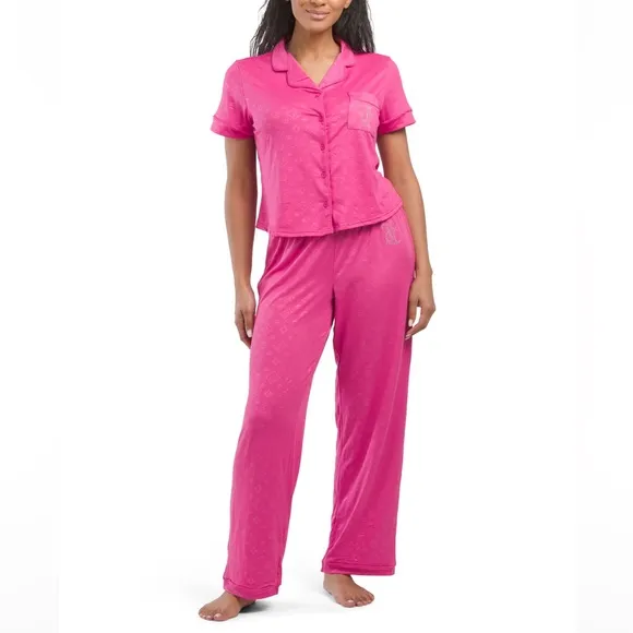 NWT JUICY COUTURE Ribbed Short Sleeve Notch Collar Rhinestone Pj Set in Pink