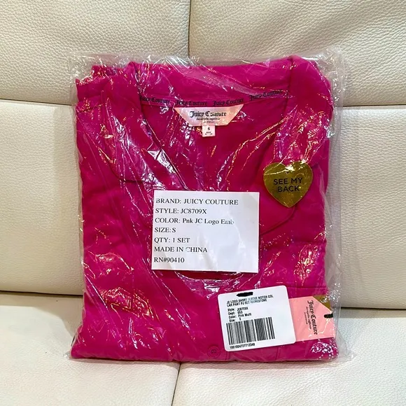NWT JUICY COUTURE Ribbed Short Sleeve Notch Collar Rhinestone Pj Set in Pink