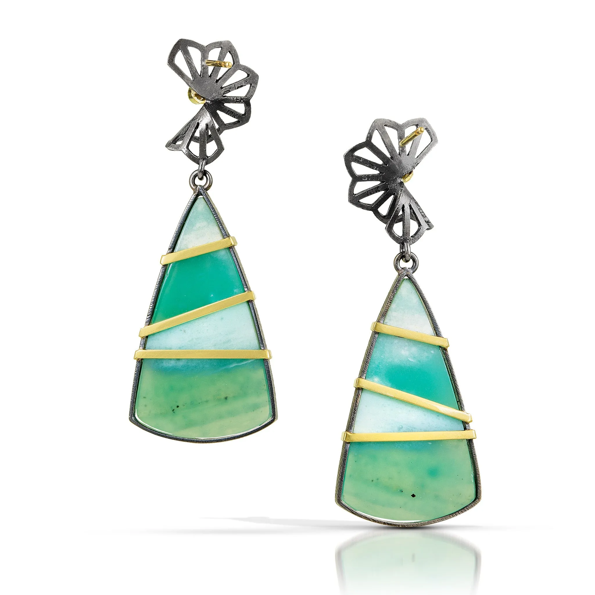 opalized wood triangle drops with petite hyacinth folds