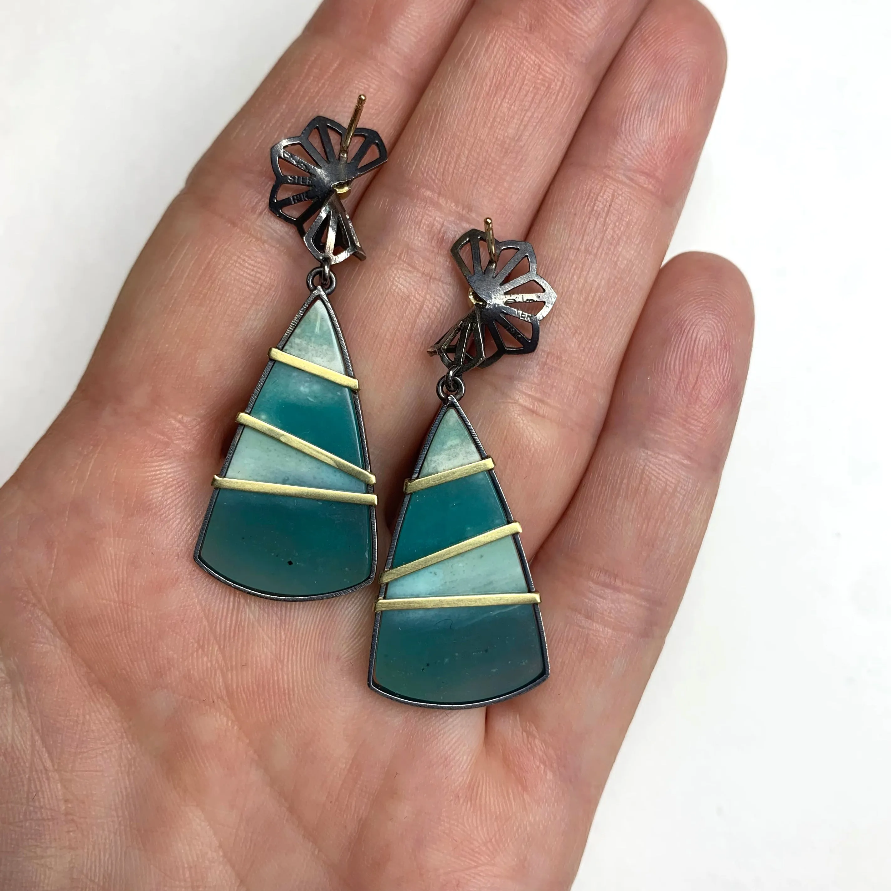 opalized wood triangle drops with petite hyacinth folds