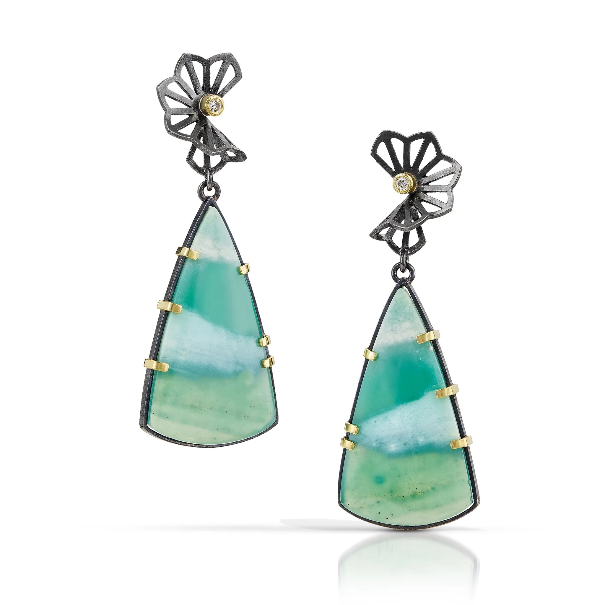 opalized wood triangle drops with petite hyacinth folds