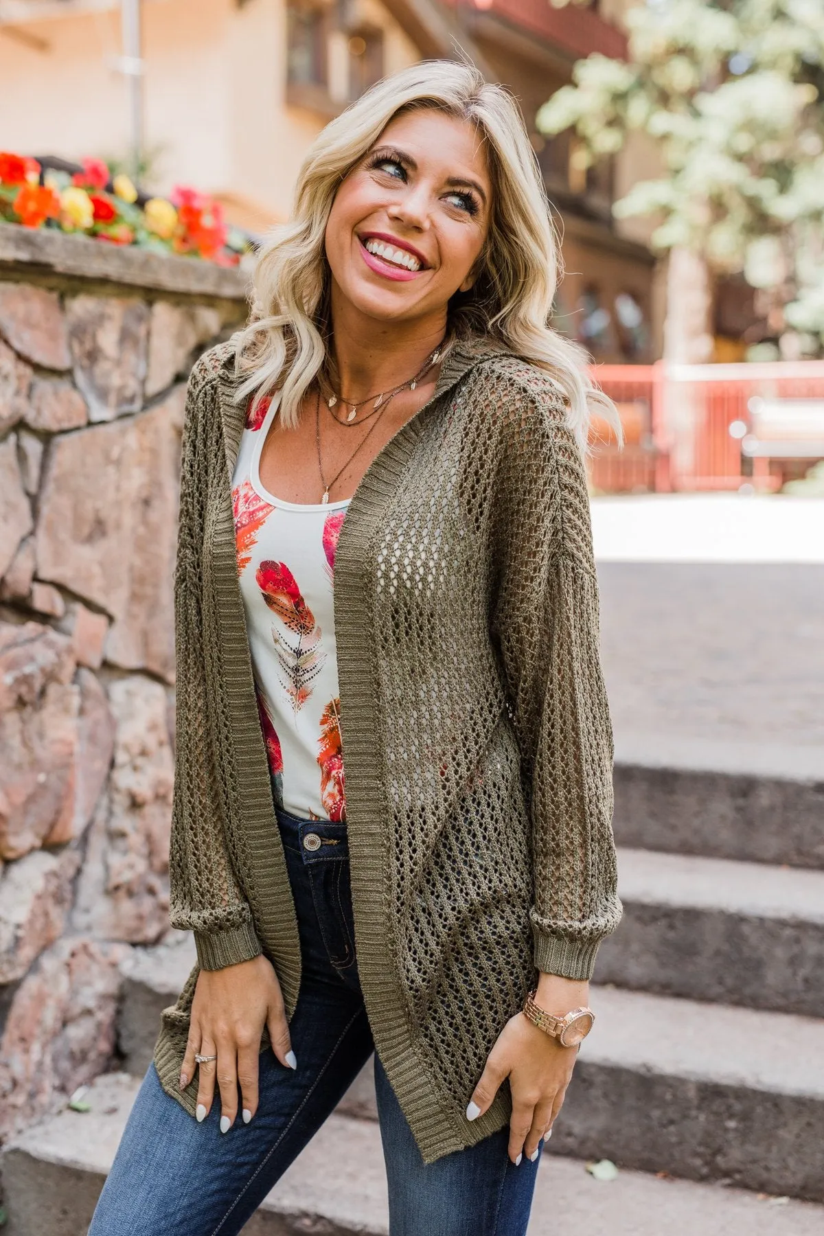 Open Knit Hooded Cardigan- Moss Green