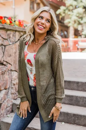 Open Knit Hooded Cardigan- Moss Green