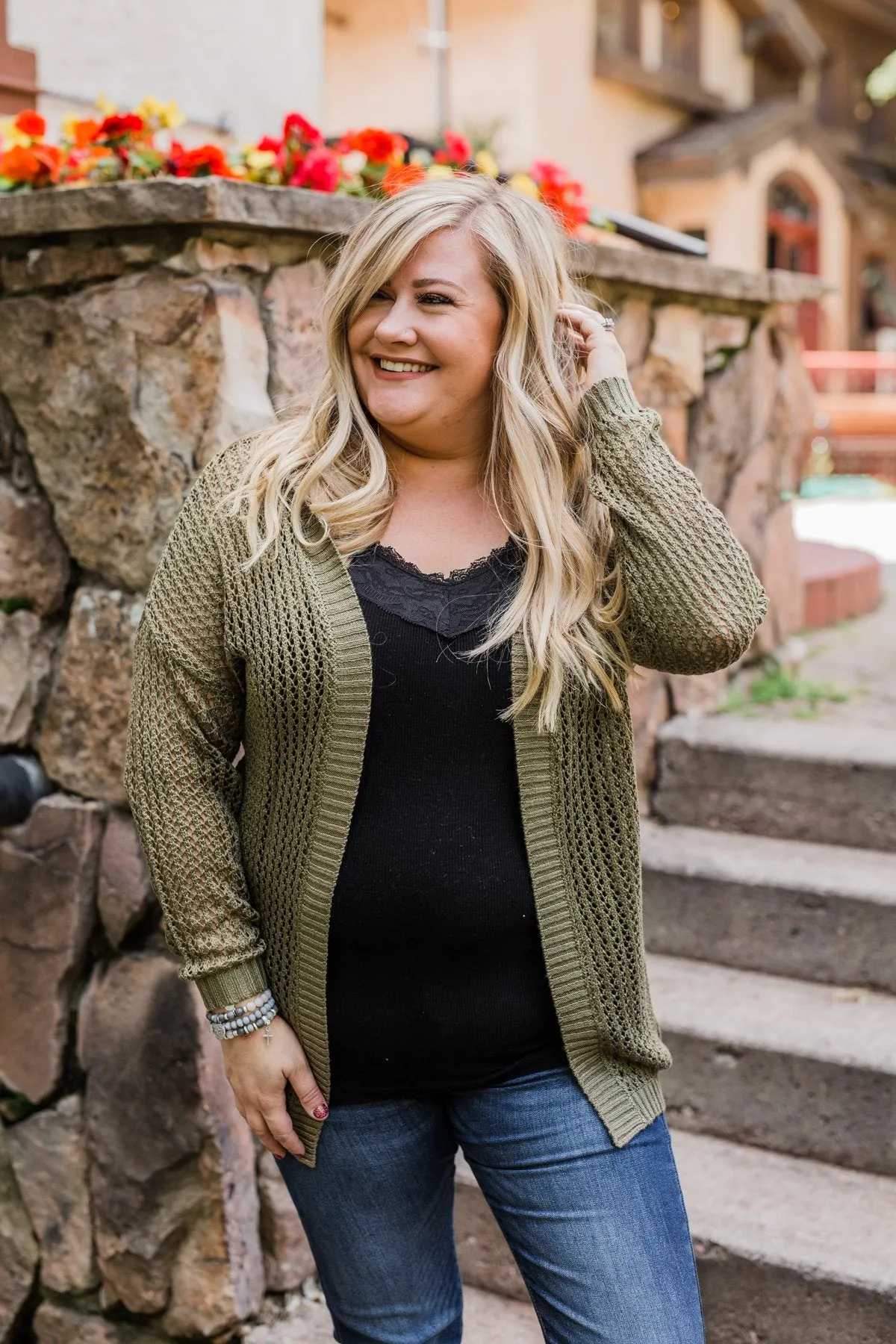 Open Knit Hooded Cardigan- Moss Green