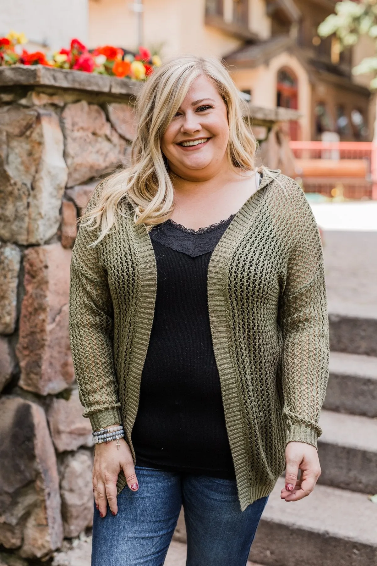 Open Knit Hooded Cardigan- Moss Green