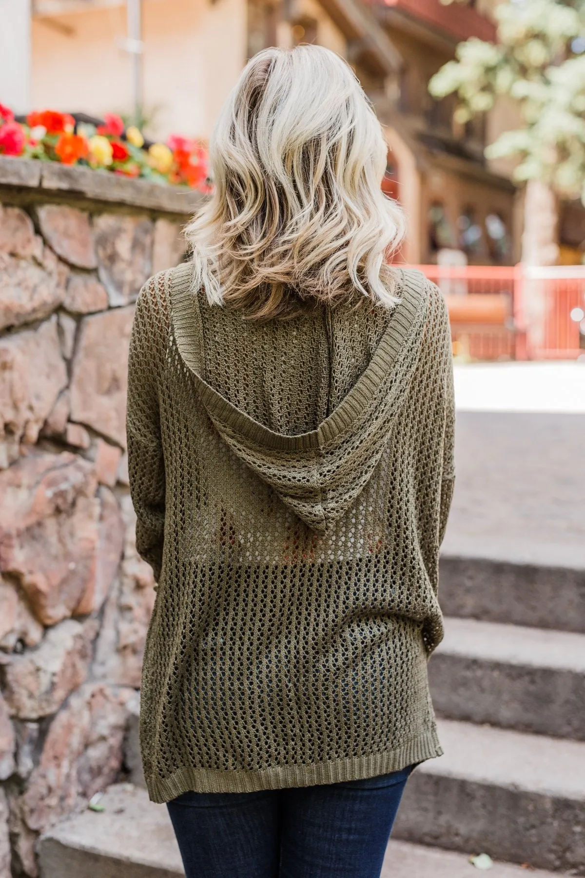 Open Knit Hooded Cardigan- Moss Green