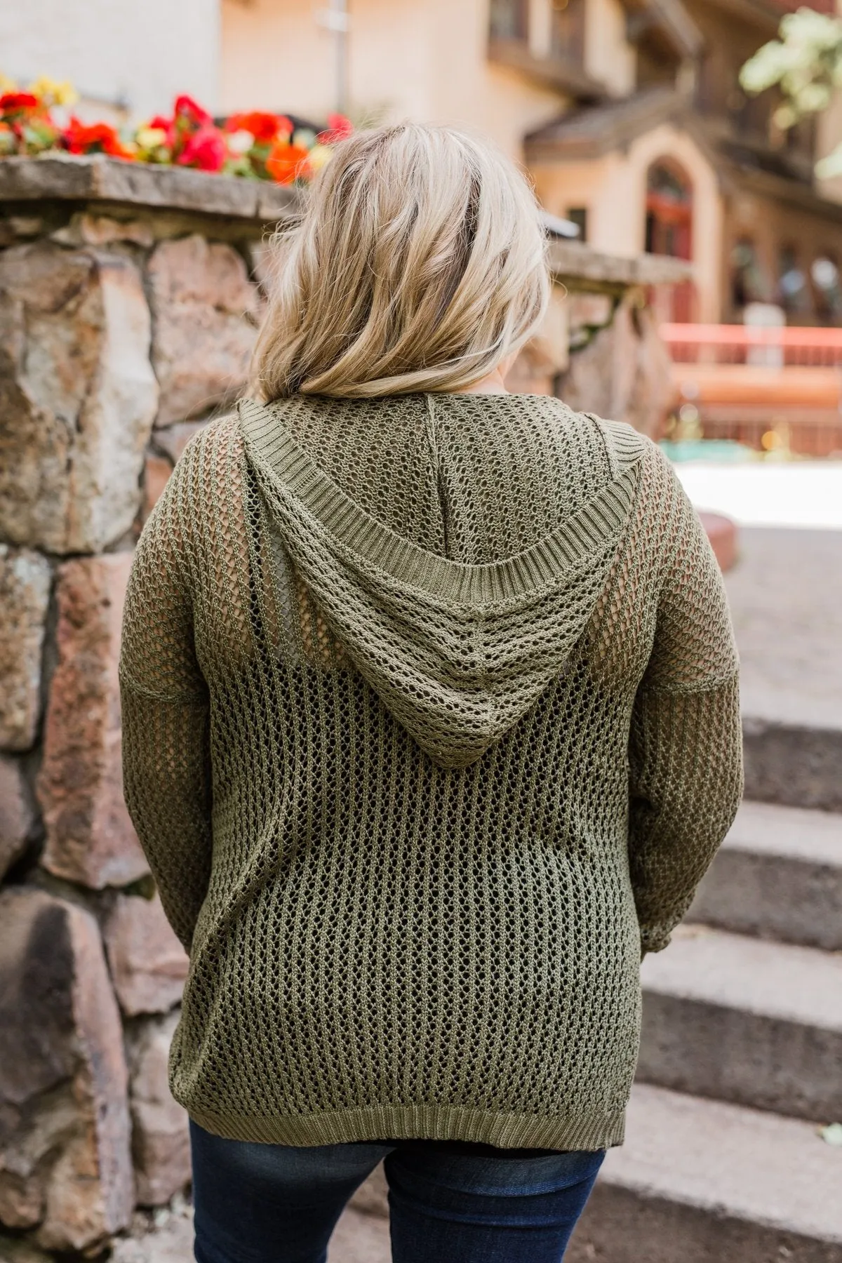 Open Knit Hooded Cardigan- Moss Green
