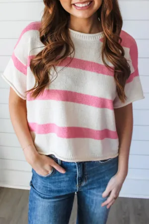 Pink Stripe Dropped Short Sleeve Lightweight Knitted Top