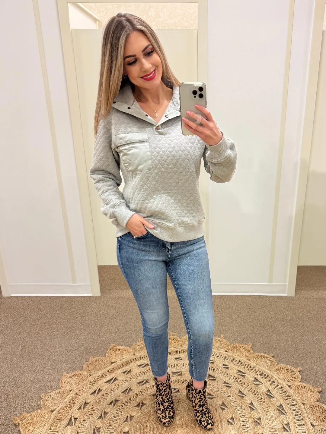 Quilted Funnel Neck Pullover with Snaps in Gray