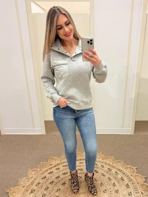 Quilted Funnel Neck Pullover with Snaps in Gray