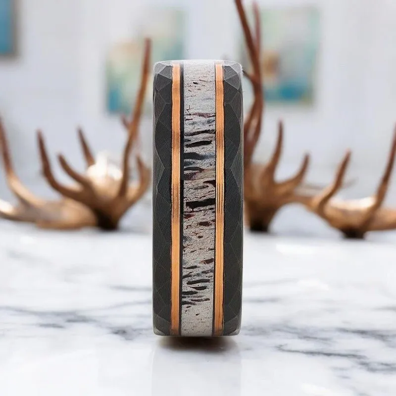 RUSTIC | Black Tungsten Ring, Deer Antler Inlay and Hammered Edges