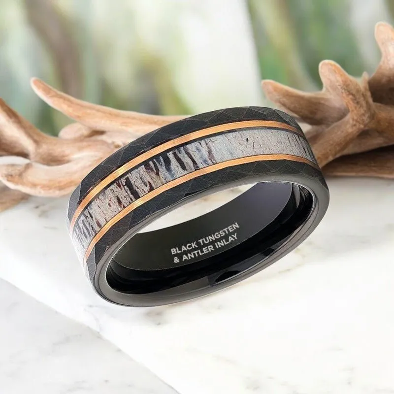 RUSTIC | Black Tungsten Ring, Deer Antler Inlay and Hammered Edges