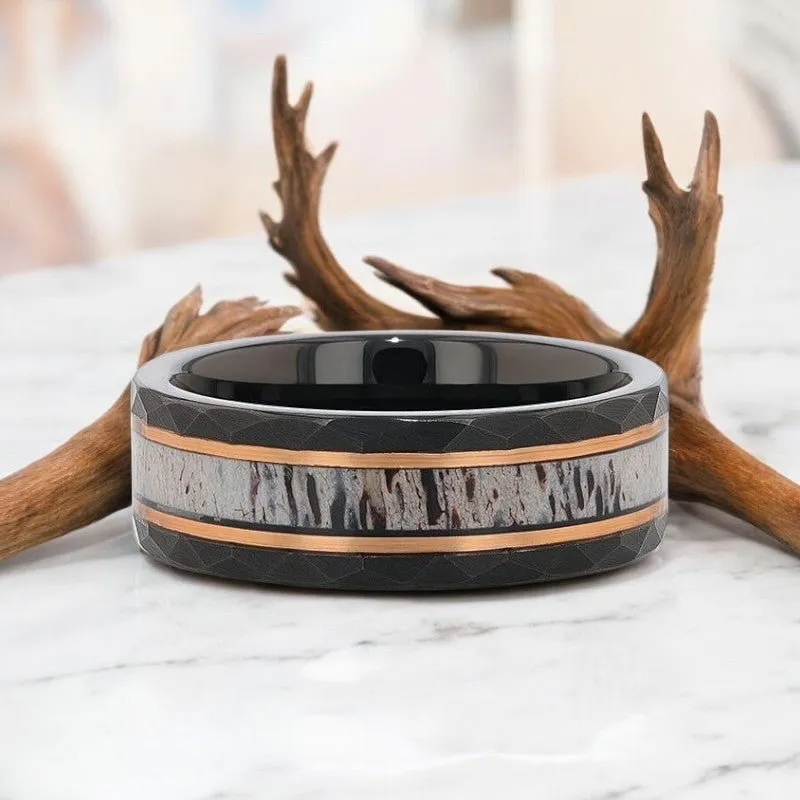 RUSTIC | Black Tungsten Ring, Deer Antler Inlay and Hammered Edges
