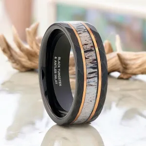 RUSTIC | Black Tungsten Ring, Deer Antler Inlay and Hammered Edges