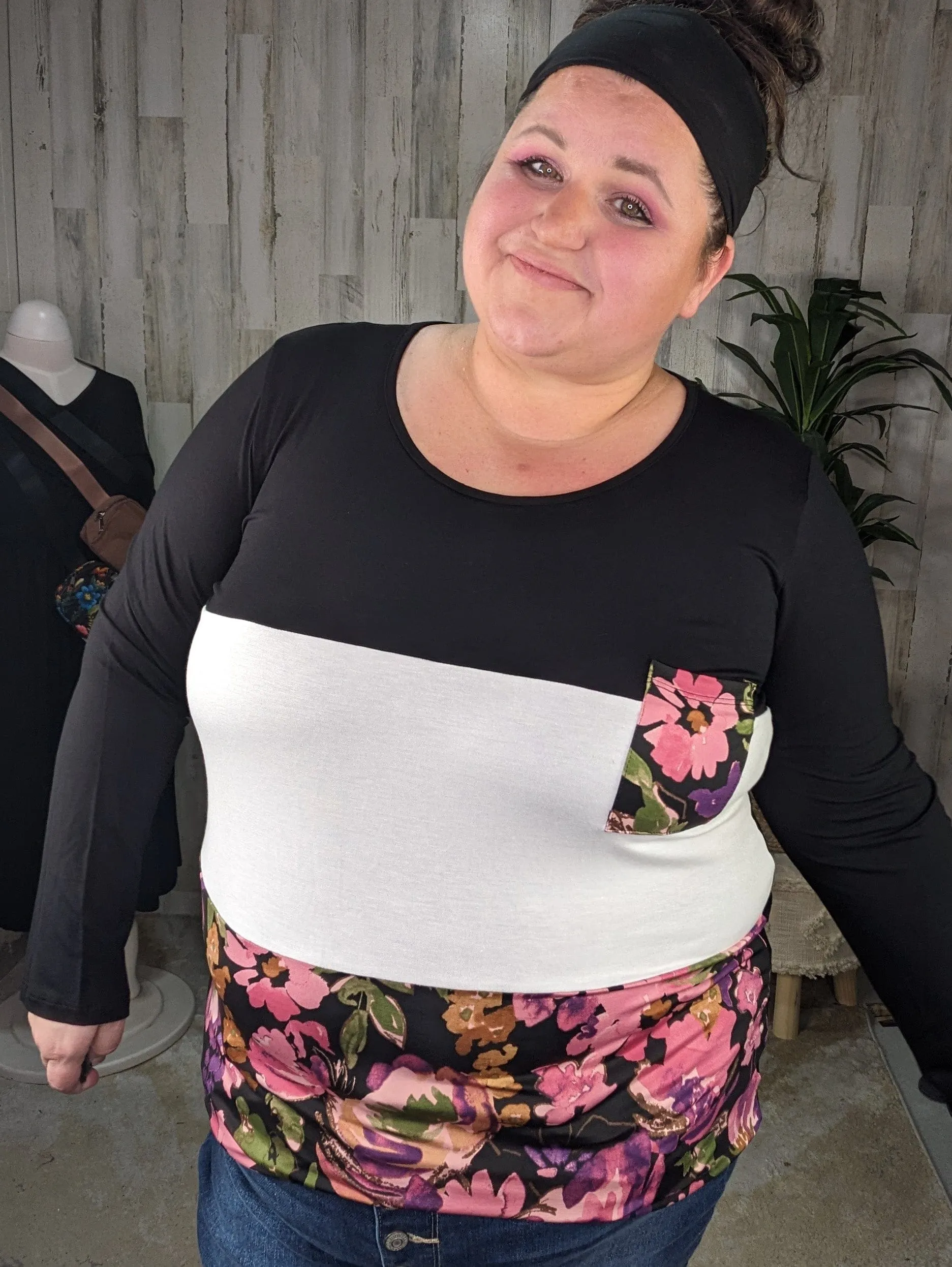 SALE- Gemma Floral Block Long Sleeve Tee w/Pocket (2 colors)