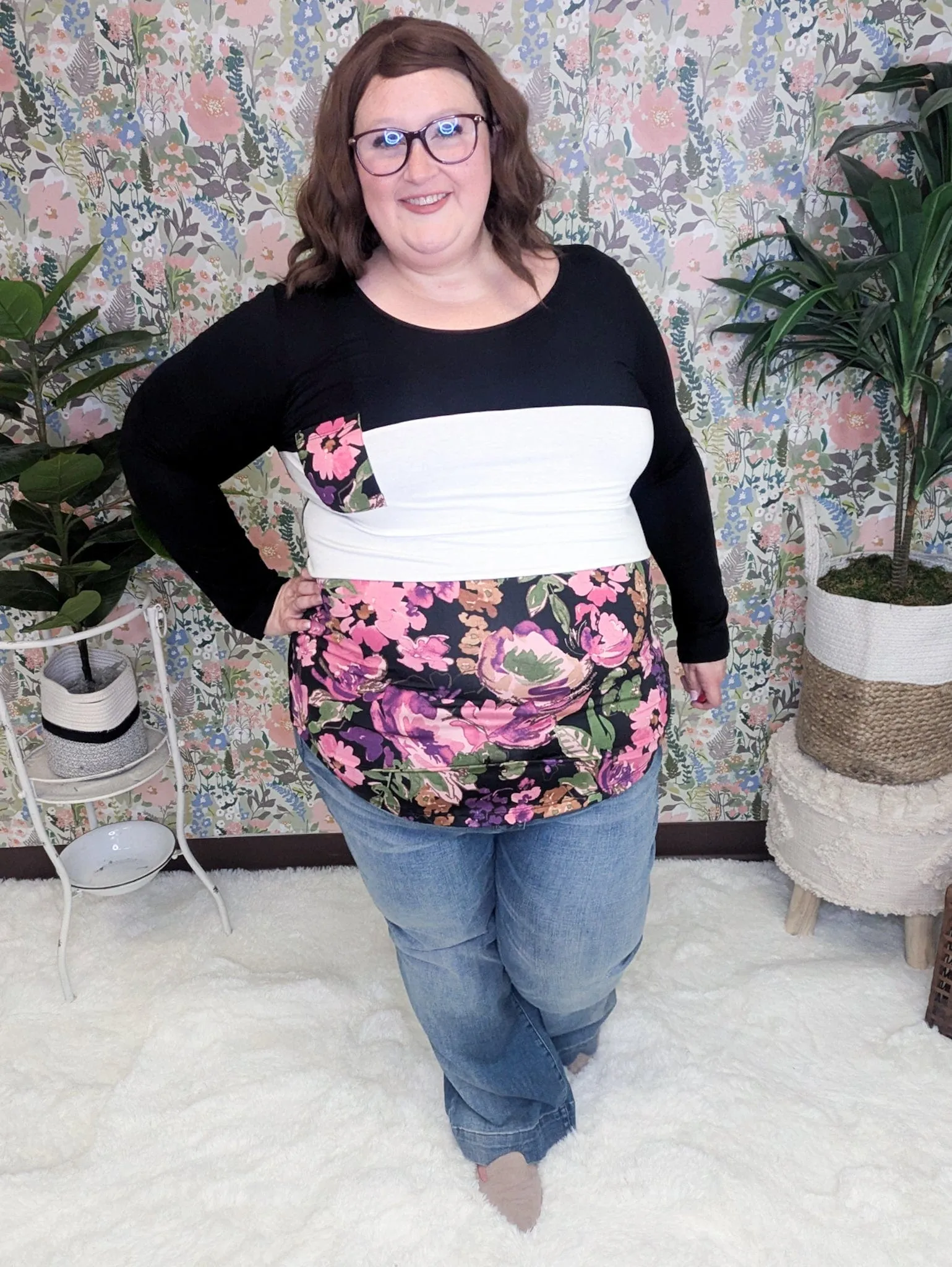 SALE- Gemma Floral Block Long Sleeve Tee w/Pocket (2 colors)