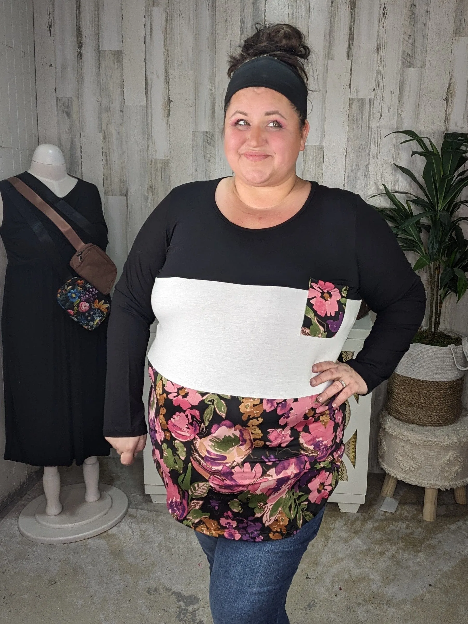 SALE- Gemma Floral Block Long Sleeve Tee w/Pocket (2 colors)