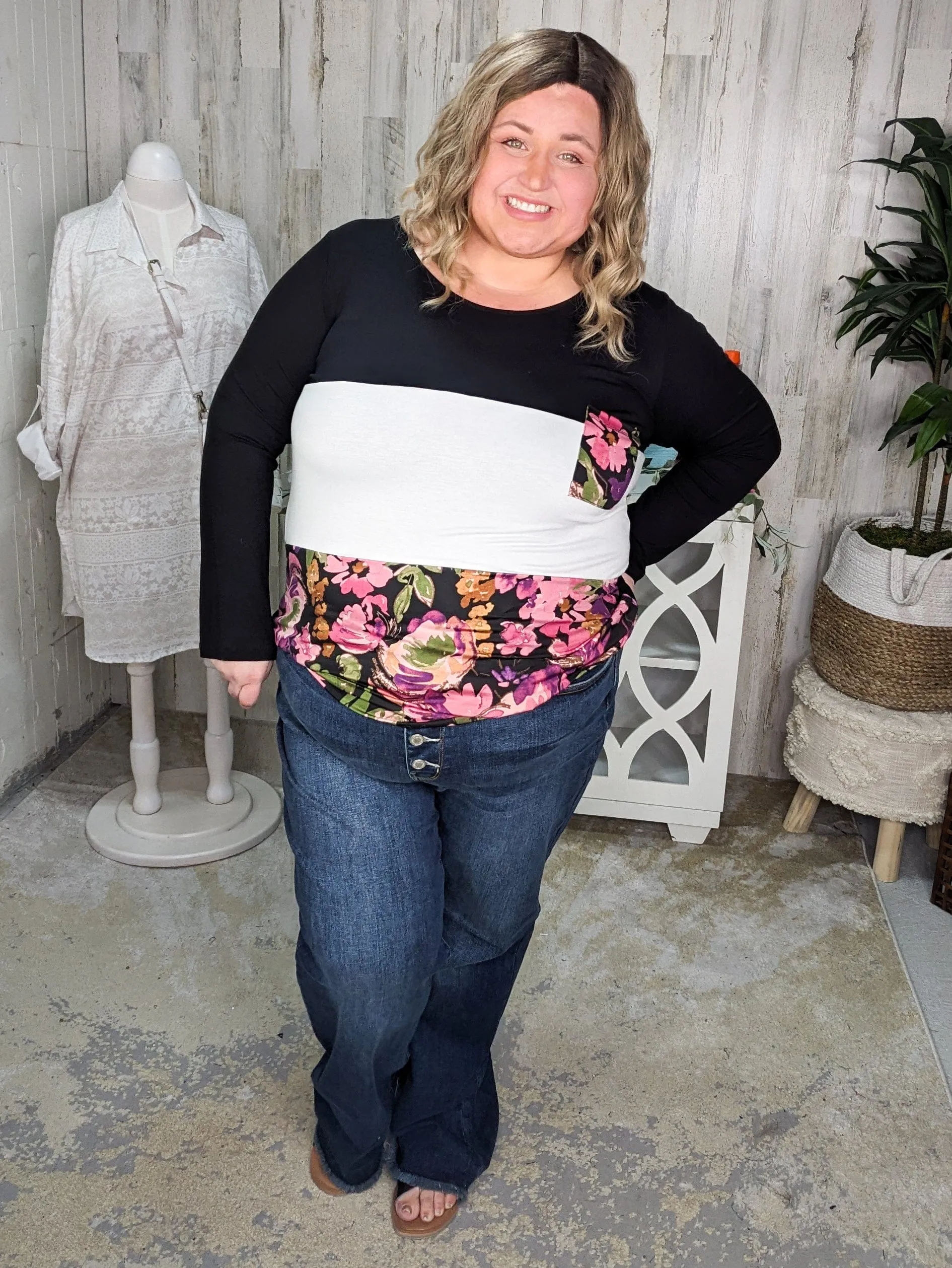 SALE- Gemma Floral Block Long Sleeve Tee w/Pocket (2 colors)