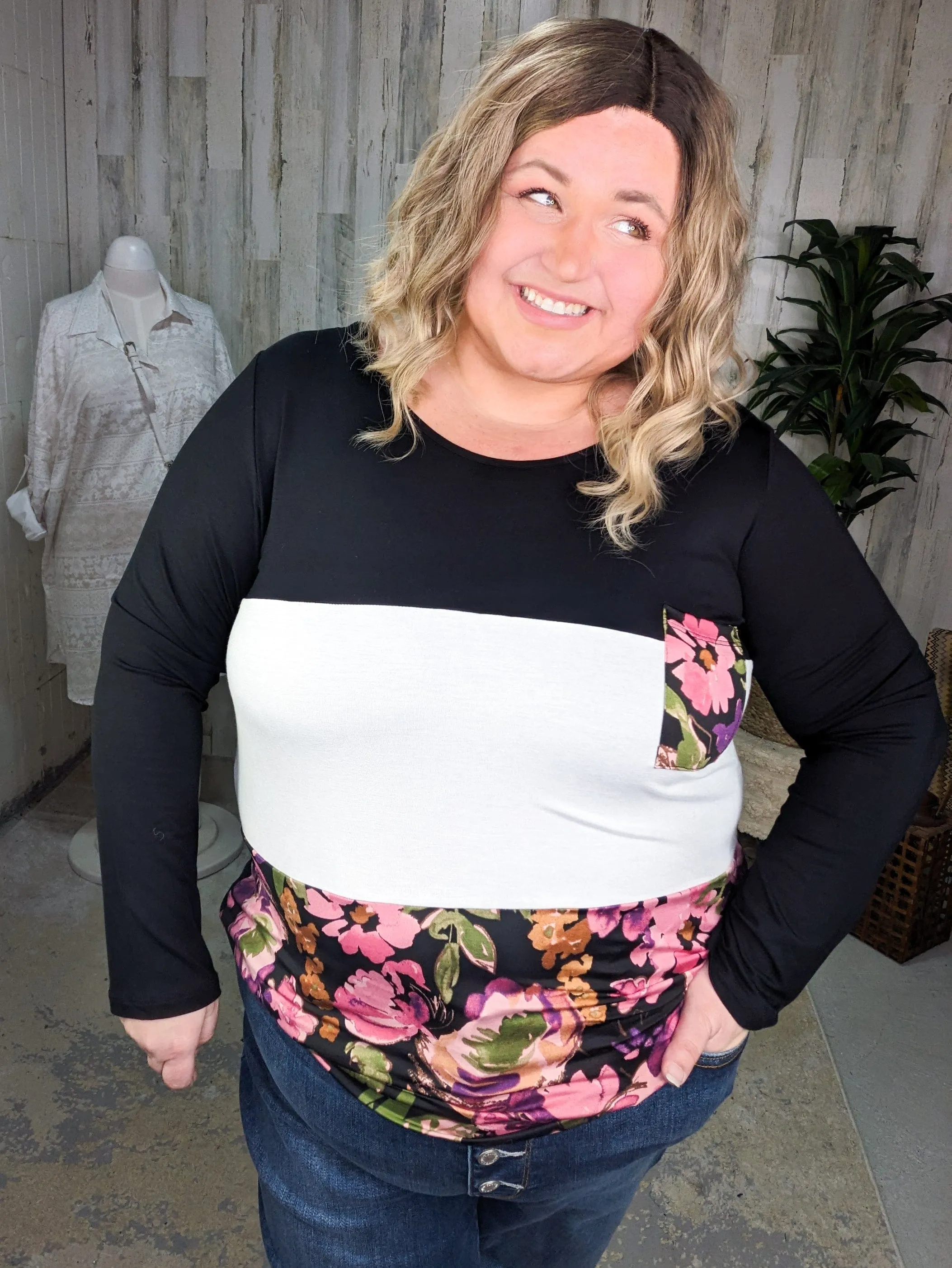 SALE- Gemma Floral Block Long Sleeve Tee w/Pocket (2 colors)