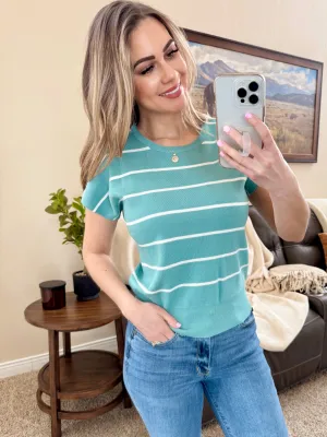 Striped Short Sleeve Top In Teal & White