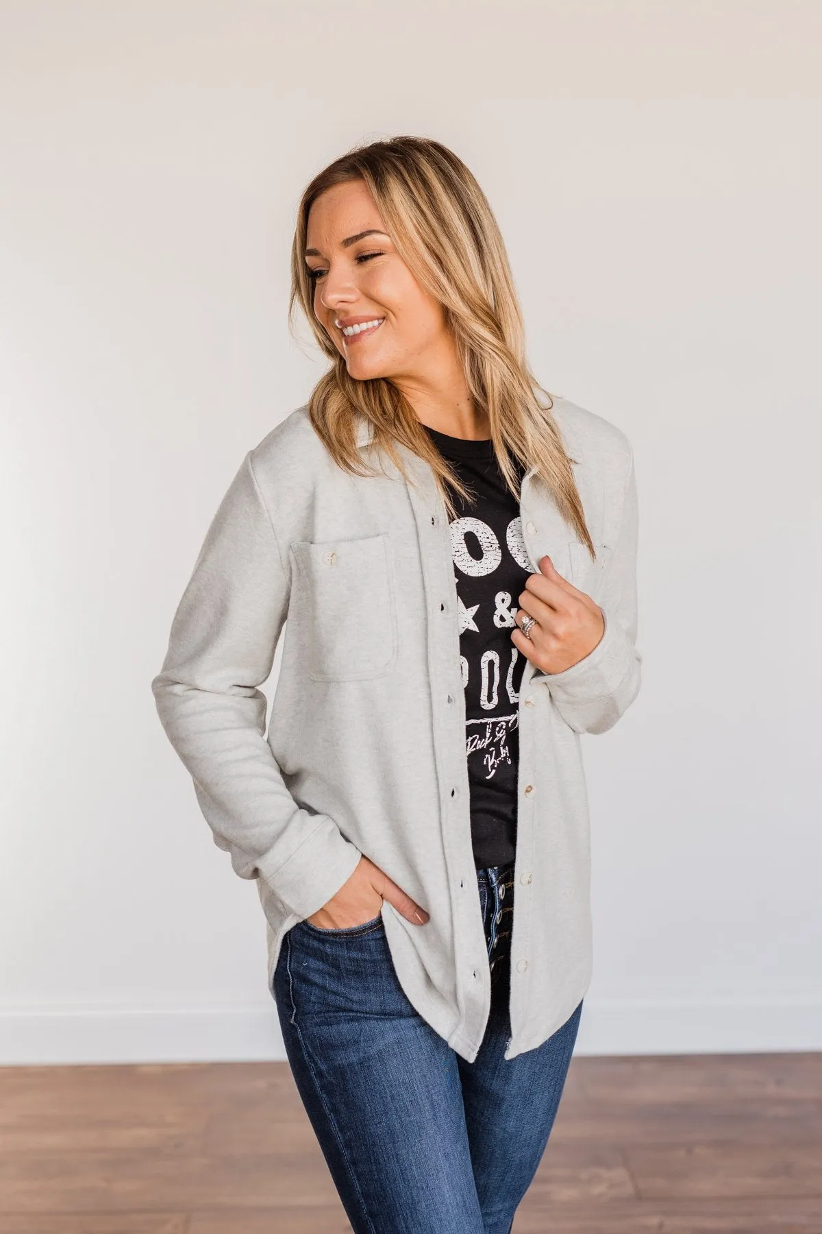 Thread & Supply Free Falling Lightweight Button Down Jacket- Light Grey