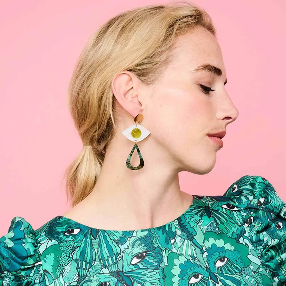 TooLally Eye Motif Drop Earrings - Yellow & Green